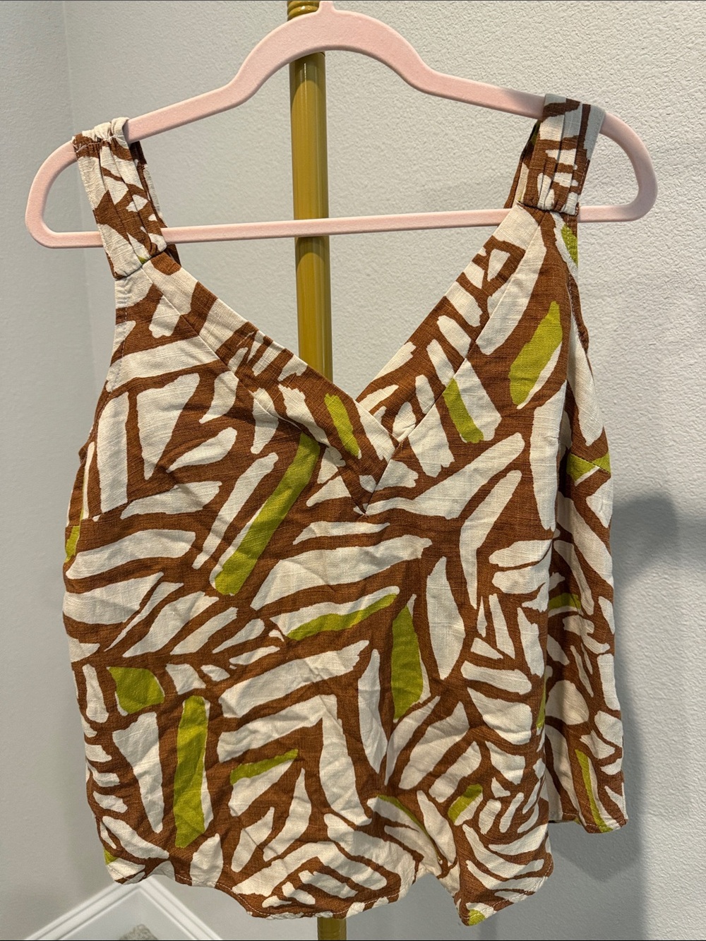 Marfinno 100% Linen Tropical Leaf Print Tank Top Medium Brown Green